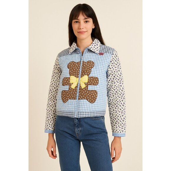 Vintage Y2K Patchwork Teddy Bear Jacket Cottagecore Gingham Floral TF Quilted Zi - Picture 1 of 7